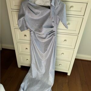 Teri Jon Silver Shimmer Draped Maxi Dress
